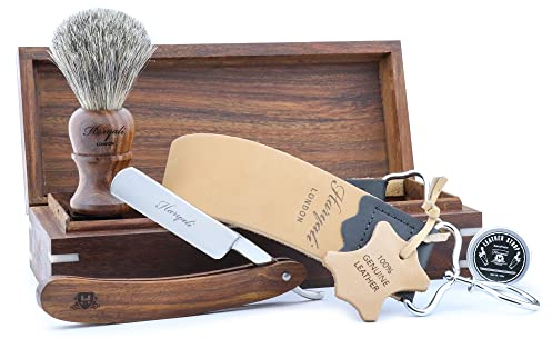 Classic Collection Barber Salon Rasiermesser aus Holz, gerader Schnitt, schwarzes Dachshaar, Lederstreichriemen und Schleifpaste, 5-teiliges Set