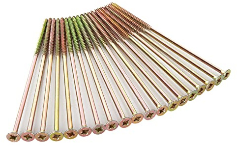 AHUNTTER Lot de 100 vis à bois extra longues 6 mm x 180 mm, vis Pozi multi-usages, vis à tête fraisée M6 pour le bois et les travaux de bricolage – Zinc jaune passivé