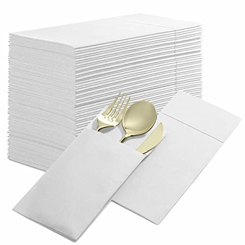 Einweg-Servietten mit Leinengefühl, mit integrierter Bestecktasche, 50 Stück, weiß, Stoffservietten wie Papierservietten für Abendessen, Hochzeit oder Party [Besteck nicht im Lieferumfang enthalten]