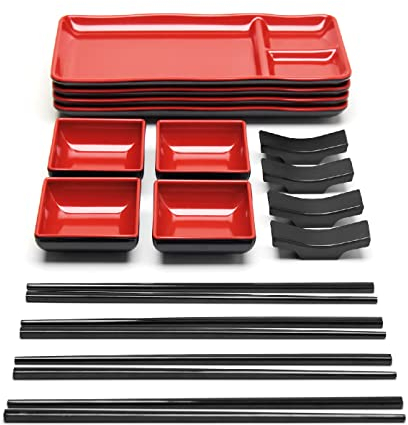 GOLIBER Vajilla Sushi Japonés (16 Piezas) – 4 Platos Individuales (19 X 14 Cm), 4 Tazones Para Salsa, 4 Pares De Palillos, 4 Soportes Para Palillos. En Melamina. Rojo