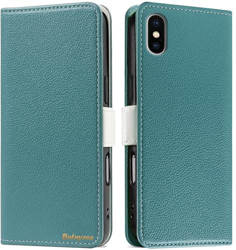 Butnyeoe Handyhülle für iPhone X/iPhone XS Klappbar Hülle,Litschi Textur Leder Wallet Schutzhülle Tasche Flip Cover Case,Magnetic Closure Klapphülle mit Kartenfach Standfunktion,Blau Grün