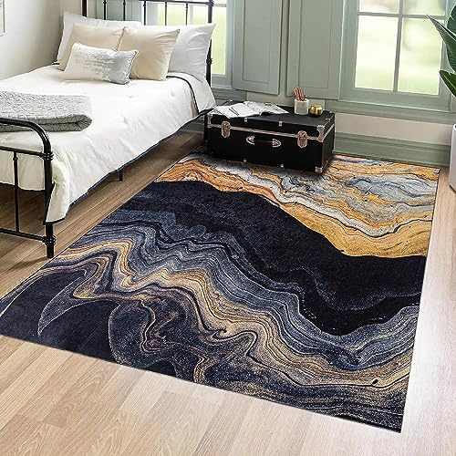 Mazovia Teppich Wohnzimmer 80x150cm Schwarz Gold Abstrakt Stilvoll Kurzflor | Teppich für Schlafzimmer Esszimmer Büro Rutschfest Maschinenwaschbar Wetterfest Pflegeleicht Tierfreundlich Synthetisch