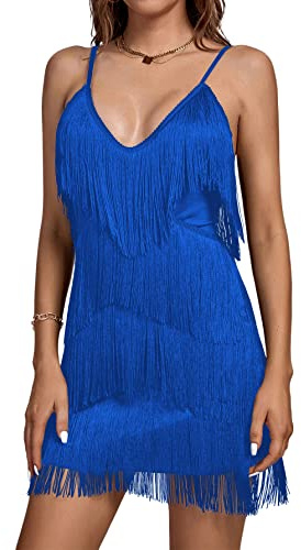 Umenlele Mini abito da donna senza maniche con frange e scollo a V profondo, Blu reale, S