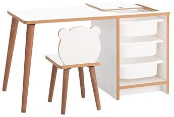 MyosHome - Escritorio Infantil con Silla y Cajones, Pupitre Infantil con Guarda Objetos, Mesa de Juegos para Niños, Muebles para Niños Color Blanco y Madera de 90 x 42 x 51 cm. Soho