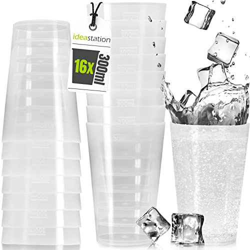 idea-station Plastikbecher transparent - 16 Stück - 300 ml - Trinkbecher | BPA-frei + Mehrweg - spülmaschinenfeste Mehrwegbecher aus Hart-Plastik - bruchfeste Kunststoff-Becher für Cocktails, Kinder