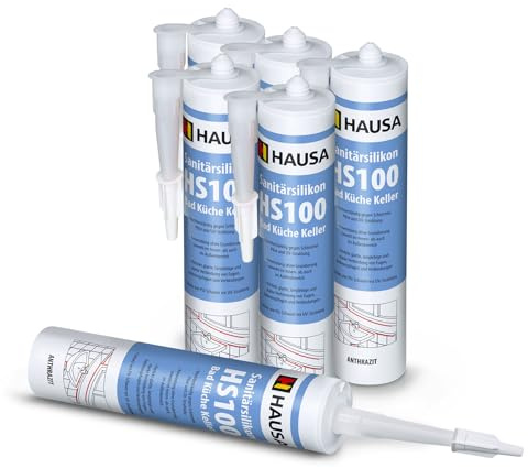 HAUSA Sanitär-Silikon HS100 Anthrazit 6x 310ml hochelastische Fugendichtmasse für Bad Dusche Küche wasserdichter Acetat Silikon-Dichtstoff in Kartusche zum Abdichten Verfugen