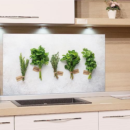 GRAZDesign Spritzschutz Küchenrückwand Glas Küche für Herd & Küchenspüle, Grau mit Kräuter | Glasplatte für Rückwand Küchenwand Wandschutz | 80x60cm