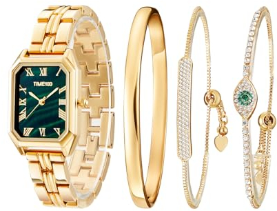 TIME100 Uhr Damen Analog Set Rechteckig Elegant Edelstahl Kette Accessoir Dress Watch Fashion Kollektion Silber Armband Malachit Grün Zifferblatt Minimalistisch Römisch Ziffer (Golden)