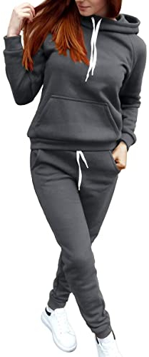 LIANGTUOHAI Trainingsanzug Damen Set, Damen Jogginganzug Set mit Kapuze und Taschen Hoodie Jogginghose Outdoor Einfarbig Kapuzenpullover Kordelzug Zweiteiler Slim Herbst Winter Warm Sportanzug