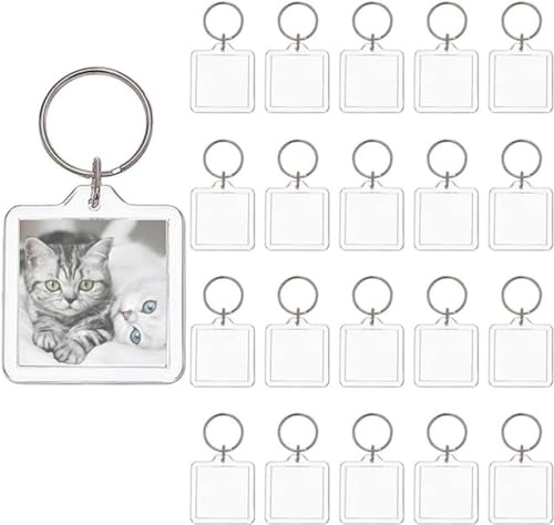 20 Porte-clés Photo, BetterJonny Porte Clé Photo Transparent Vierge en Acrylique Double Face Porte Cle Photo Personnalisable DIY Cadre Photo Vierge Rectangle Porte Clef Photo pour Famille, Carré 4x4cm