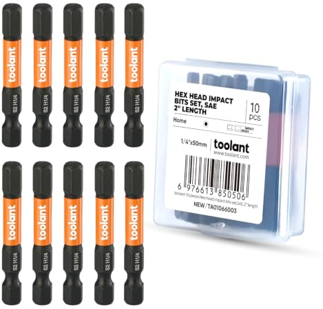 toolant 1/4 Impact Hex Bit Set, 10-Piece | CNC-machined tips, S2 alloy steel body, hardened core, magnetic fastener retention, impact-driver use