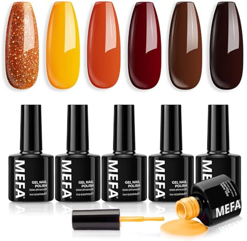 MEFA Pintauñas Semipermanentes, 6 Pcs Kit de Esmaltes Semipermanentes para Uñas en Gel UV LED para Principiantes y Profesional Manicura Uñas Art DIY, Marrón Naranja Amarillo Glitter