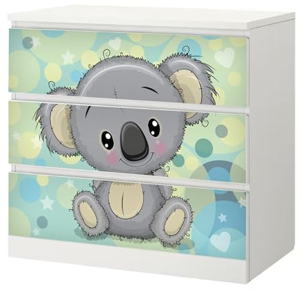 Möbelfolie Koala passend für Ikea Malm Kommode 3 Schubladen Schrankfolie | Selbstklebende Schrankfolie für glatte Schubladenfronten Klebefolie Kinderzimmer Schlafzimmer DIY Upcycling 3 Schubladen