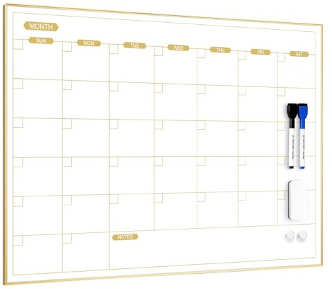 ARCOBIS Monthly Calendar Whiteboard for Wall, 24 x 18 Magnetic Dry Erase Calendar with Gold Frame, Wall Hanging Planner for Home, Office, School