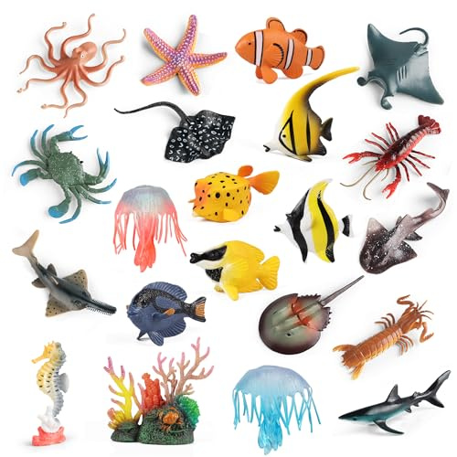 Animali marini giocattoli figure 21pcs, plastica marina creatura squalo pesce stella marina granchio aragosta polpo cavalluccio marino corallo medusa oceano vita per bambini compleanno festa preferito