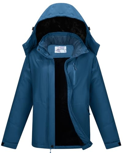 OutPro Skijacke Damen mit Wasserdichte Regenjacke Winddicht Warm Winterjacke Hooded Abnehmbarer, mit Reißverschlusstaschen Snowboardjacke Geeignet für Outdoor-Aktivitäten, Skifahren Blau XL