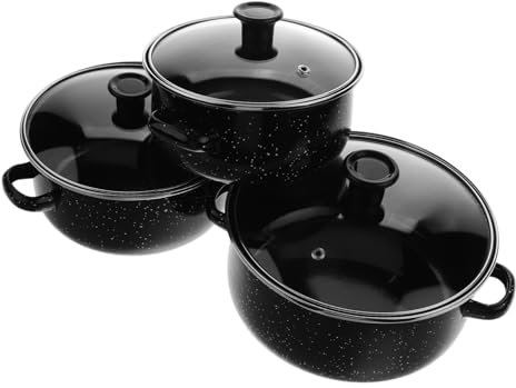 Amosfun Enamel Mini Soup Pot Set, Small Flat Bottom Cooking Pot Double Handles, Coffee Color, Portable Enamelware for Kitchen and Camping, 3pcs Cookware Set