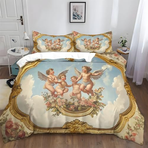 Generisch Bettwäsche Set 135x200cm Retro Engel Antike Römische Kunst 3D Polyester Baumwolle Bettbezug Sets, Weich Atmungsaktiv Bettbezüge mit 2 Kissenbezug 80x80 cm, für alle Jahreszeiten