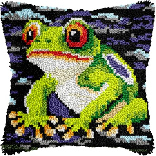 Kitquiver Diy Knüpfkissen Mit Vordruck Knüpfhaken-Set Mit Cartoon-Tier-Frosch, Bedrucktes Kissen, Häkelgarn, Haken- Und Knüpfset, Kissenbezug, Teppich, Heimdekoration 17x17in