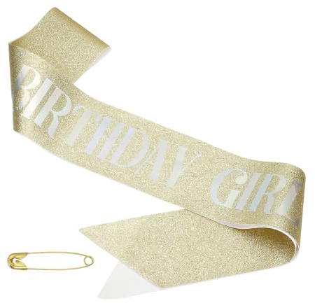 PATIKIL Banda de Cumpleaños para Niñas, Banda para Mujeres Sash Princesa Reina de Satén Decoraciones de Fiesta con Alfiler de Seguridad para Regalos de Fiesta, Fantasía Dorada