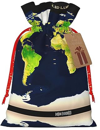 HJLUUFT Jutebeutel mit Weltkarten-Druck, Weihnachtsgeschenktüte mit Kordelzug und Geschenkanhänger, Hochzeit, Weihnachten, Partygeschenk