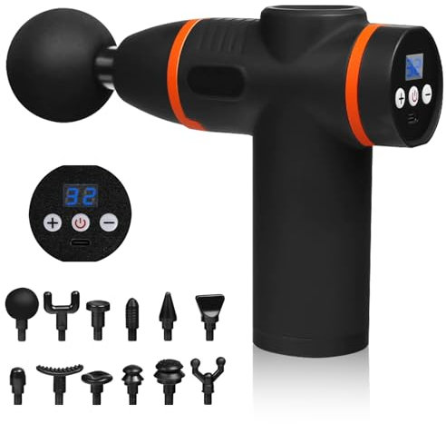 Likai Massage Gun Percussion Deep Tissue Massager with 12 Heads & 32 Speeds - Quiet Handheld Muscle Massager Gun for Body Pain Relief, LCD Touch Screen, Fitness Relaxation Gift for Men Women - Black