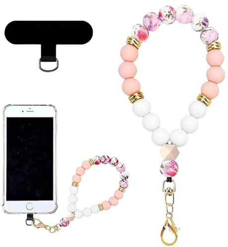 Mezrkuwr Cordon en silicone avec perles en silicone, cordon pour téléphone avec tampons pour téléphone, bracelet élastique mains libres, chaîne pour téléphone, sangle pour téléphone, pour la plupart
