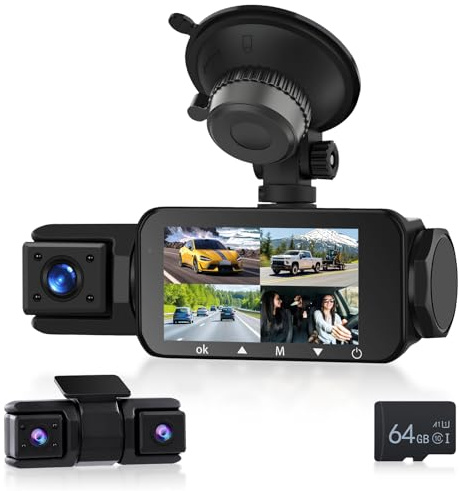 Podofo HD 2K Cámara Frontal, 360 Grados Dash CAM con Cámara Trasera, 4-Canal de a Bordo de la cámara del Coche G-Sensor de detección de Movimiento de grabación en Bucle 64G TF