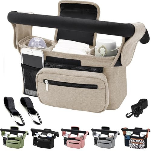 Tyuodna Kinderwagen Organizer Universal,Buggy Tasche mit 2 Isolierten Getränkehaltern, Große Kapazität & Abnehmbarer Schultergurt, Rutschfeste Haken für Kinderwagen/Buggy (Beige)