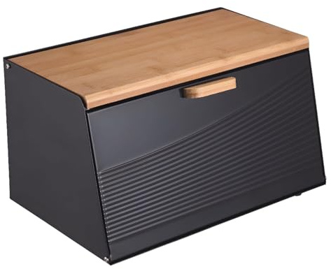 Luckyberg Brotkästen mit Deckel,Brotaufbewahrungsbox, Schneidebrett aus Bambus, Brotkasten aus Metall, Brot und Kekse Lange Aufbewahren und Frisch, (Schwarz Querstreifen)