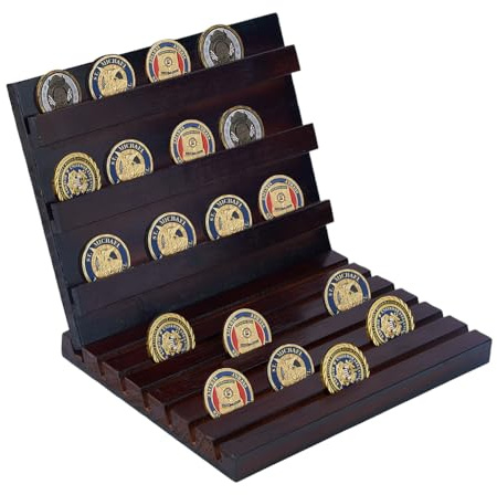 DICOSMETIC Challenge Coin Display Stand 9 Row Wood Coin Holder 9.45x7.48x7.87 Inch Wooden Coins Rack Coconut Brown Challenge Coins Display Case for Collectors Vacation Present