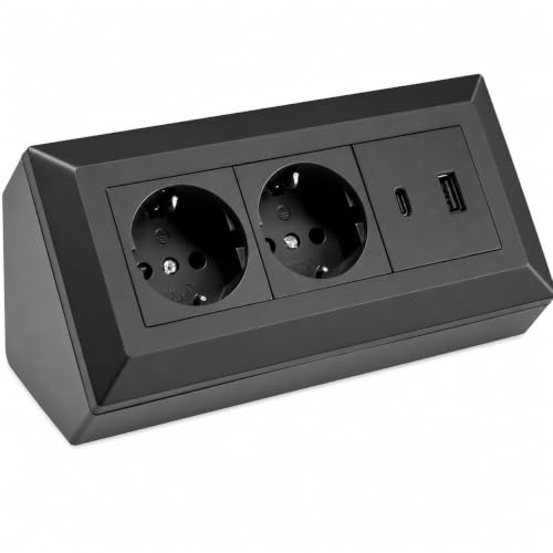 Trano 2-Fach Steckdosenblock mit USB-A & USB-C - Praktische Stromversorgung in stilvollen Farben, Farbe:Schwarz