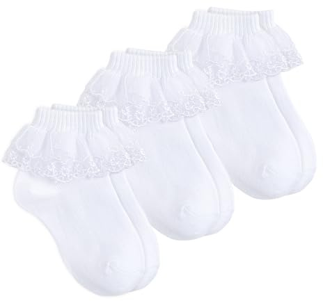 Gkhlg 3 Pairs Girls’ Frilly Socks Soft Cotton Blend Ankle Sock for Ages 1-9 White Socks Girls for Daily Wear Ballet Communion and Special Occasions