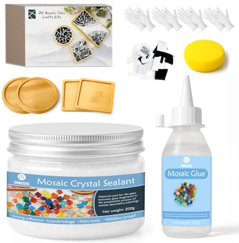 DINGSEN Mosaik-Untersetzer-Set, mit schwarzen/weißen/grauen Mosaikfliesen zum Basteln, Holzuntersetzern, Mosaikkleber und Fugenwerkzeugen, einfache Herstellung, für die Heimdekoration