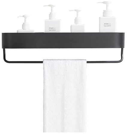 Panier de Douche Suspendu, Étagère de Douche avec Barre Porte-Serviettes adhésive, étagère Murale de Salle de Bain, Organisateur d'épices de Cuisine, Aluminium Noir, Plusieurs Tailles(58cm)
