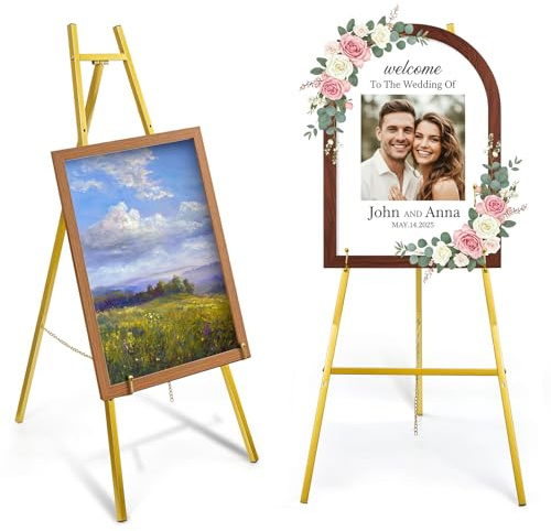 WRINGKIT Gold Easel Stand for Sign, Heavy Duty Art Easel with 4 Tier | Metal Adjustable Display Stand, 42.5'' Height Large Floor Standing Easel for Painting, Poster, Mirror, Welcome Wedding Signs
