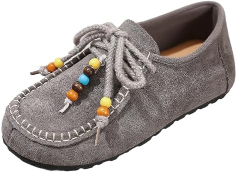 Zapatos planos retro de piel de ante con cordones para mujer, con cuentas, cómodos, puntera redonda, zapatos planos con cordones, Gray, 39.5 EU