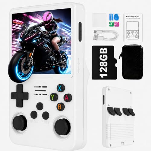 Lihaian R36S Retro Handheld Spielkonsole，128 G über 40.000 Spiele，Retro Konsole 3,5-Zoll-IPS-Bildschirm，Linux-System，Tragbare Mini-Arcade， unterstützt mehrere Emulatoren (R36s-Weiß)