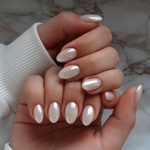 KQueenest Chrome Press On Nails Short Oval, Glazed Pearl White False Nails Almond, High Shine Gel Fake Nails Press ons for Women Salon Quality Manicure in 16 Sizes - 32 Stick On Nail Kit
