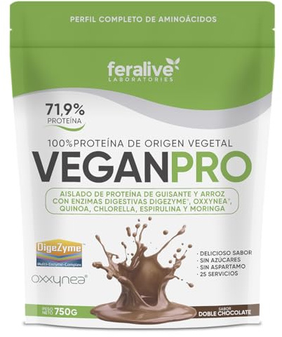 Feralive Laboratories Vegan Pro 750g – Proteína 100% Vegetal de Guisante y Arroz con DigeZyme®, Oxxynea®, Quinoa, Chlorella, Espirulina y Moringa – 25 Servicios (Chocolate)