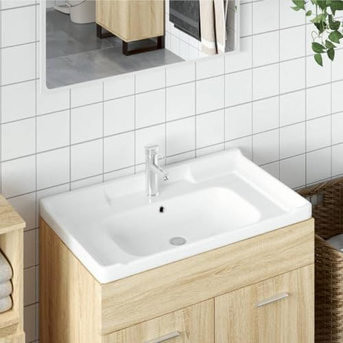 Waschbecken Weiß Keramik 91,5x48x23 cm Rechteckig Einbauwaschbecken mit Überlauf Modernes Handwaschbecken für Badezimmer Gästewc Aufsatzbecken Wandhängend und Freistehend