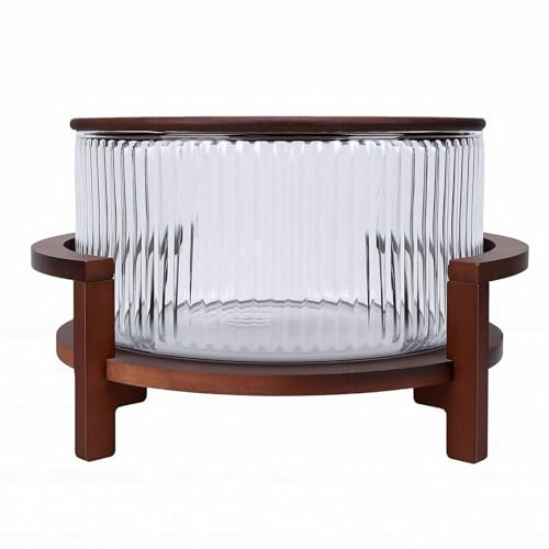 Sxhlseller Ensaladera de Vidrio de 4,3 L con Soporte y Tapa de Madera | Cuenco para Servir Frutas a Prueba de Calor para Reuniones de Comedor en Casa