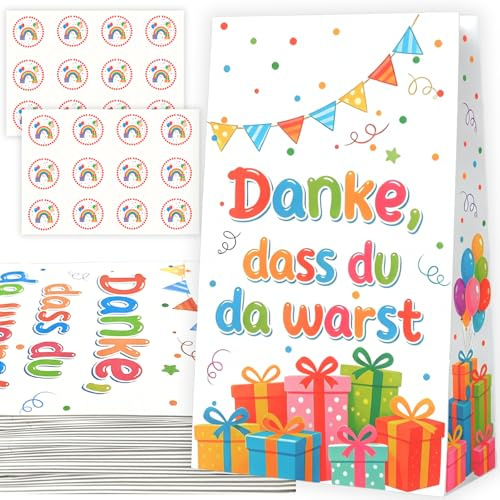OUIGKUN 16 Stück Geschenktüten Kindergeburtstag mit 24 Aufklebern, 13x8x24cm - Danke, dass du da warst Bunte Geburtstag Geschenktaschen aus Papier für Party Gastgeschenke Mitgebseltüten