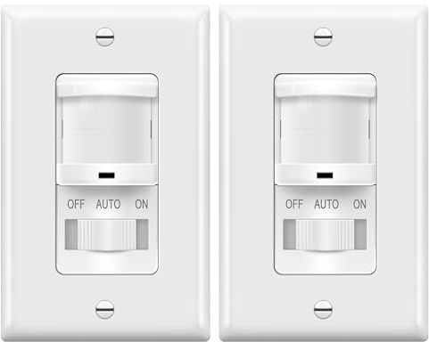 TOPGREENER In-Wall PIR Motion Sensor Light Switch, Single Pole Occupancy Sensor Switch, Motion Sensor Switch, Need Neutral Wire, Wall Plate Included, On/Off Override, 4A, 500W, TSOS5-W, White, 2 Pack