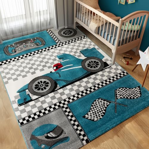 Carpettex Kinderteppich Rennwagen Design Blau 80 x 150 cm Läufer - Kurzflor Teppich Kinderzimmer für Mädchen und Junge Pflegeleicht Soft - Waschbarer Spielteppich Babyteppich Gaming Teppich Babyzimmer