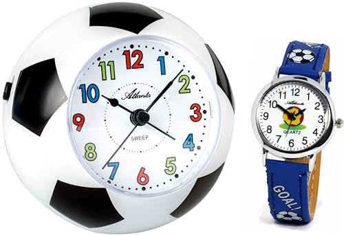 Atlanta Kinderwecker ohne Ticken Fußball WM + Kinderarmbanduhr - 1199 KAU (Blaue Armbanduhr)