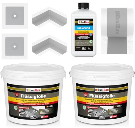 Isolbau Kit d'étanchéité - Incl. 1x film d'étanchéité liquide (8 kg), 1x solution d'apprêt (1 L), 1x bande d'étanchéité (5 m), 2x angles intérieurs & 2x manchons