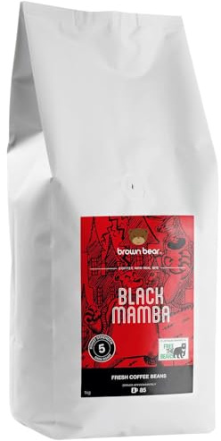 Black Mamba High Cafeine Robusta Blend Coffee Beans, nuestro café más fuerte de la historia, oso marrón, tostado oscuro extra fuerte, fuerza 5, 1 kg, adecuado para todas las máquinas de café