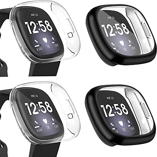 4 Pack Oumida Screen Protector Compatible with Fitbit Versa 3/Fitbit Sense, TPU Shockproof Screen Protector Cover for Versa 3/Versa Sense (Black/Black/Clear)