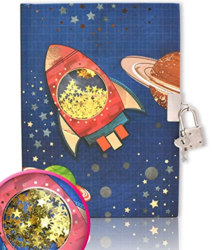 Tagebuch Jungs mit Schloss für Geschenke, Raumschiff Tagebuch Kinder mit Schüttelbaren Pailletten 17.8x13cm 160 Liniertes Seiten Notizbuch zum Schreiben ab 6,7,8,9,10,11,12 Jahren Tagebuch Schloss